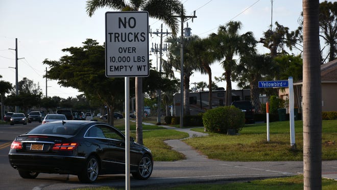 Signage on Yellowbird St. informs drivers trucks weighting over 10,000 pounds are not allowed on the street.