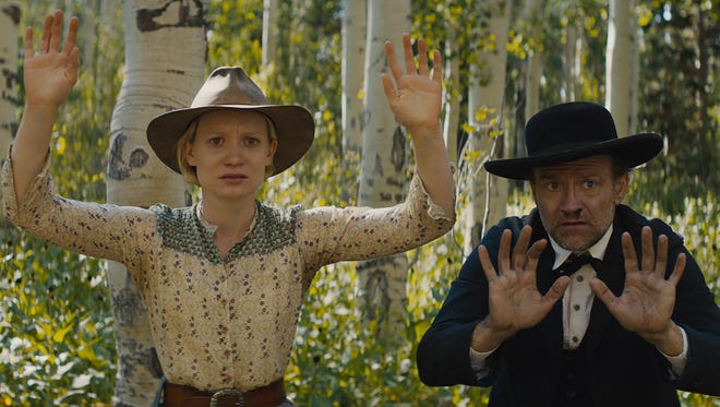 Mia Wasikowska (left, with David Zellner) is an Old West woman who's sought after by a long-lost love in the comedy "Damsel" (June 22).