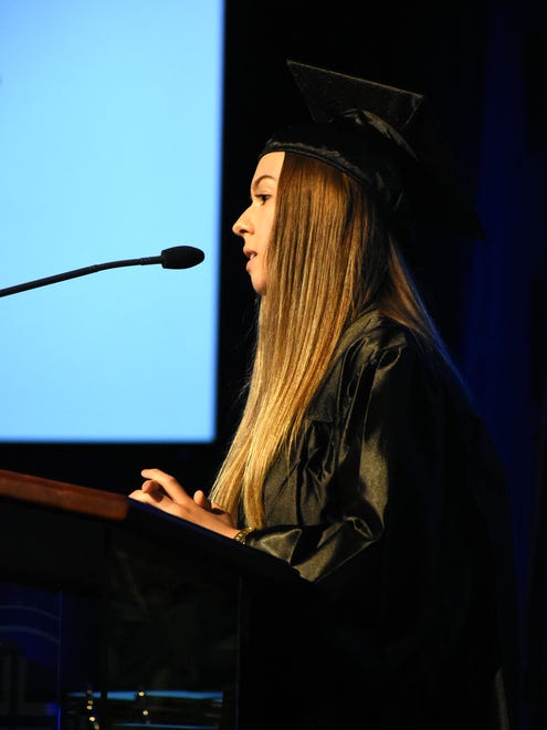 Valedictorian Larissa Bersh gives her valedictory. Marco Island Academy graduated its 2018 senior class Friday evening in a ceremony at the Family Church.