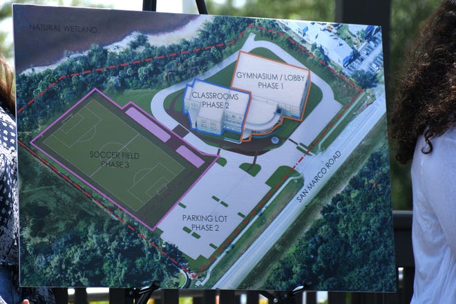 A rendering shows the eventual layout of MIA facilities. Marco Island Academy, the island's charter high school, broke ground for phase one of their permanent campus Monday morning, and announced progress in their overall fundraising campaign.