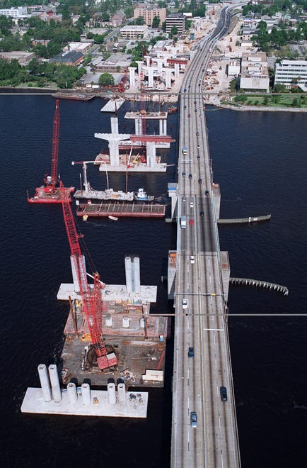 Fuller Warren Bridge (May 2, 1998) Construction continues on the Fuller Warren Bridge on the St. Johns River.