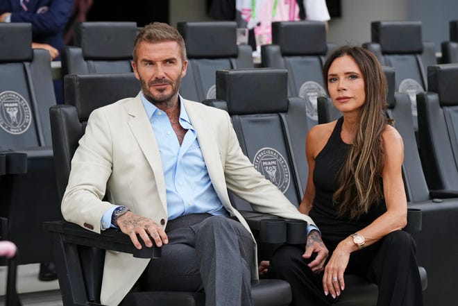 Inter Miami CF co-owner David Beckham and wife Victoria Beckham are seen before the game between Inter Miami CF and Atlanta United at DRV PNK Stadium on July 25, 2023.
