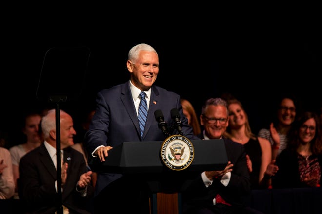 Vice President Mike Pence speaks to a crowd at the O’Bryan Performance Hall in the Thomas and Selby Prince Building at Ave Maria University on Thursday, March 28, 2019.