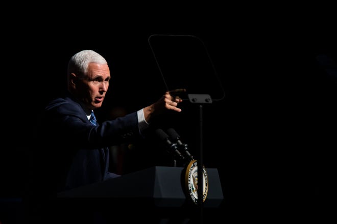 Vice President Mike Pence speaks to a crowd at the O’Bryan Performance Hall in the Thomas and Selby Prince Building at Ave Maria University on Thursday, March 28, 2019.
