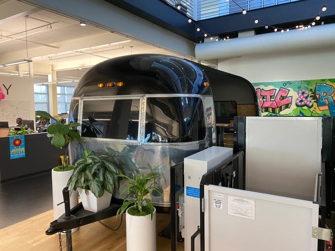 An Airstream like trailer sits on the main floor of YouTube's HQ in San Bruno