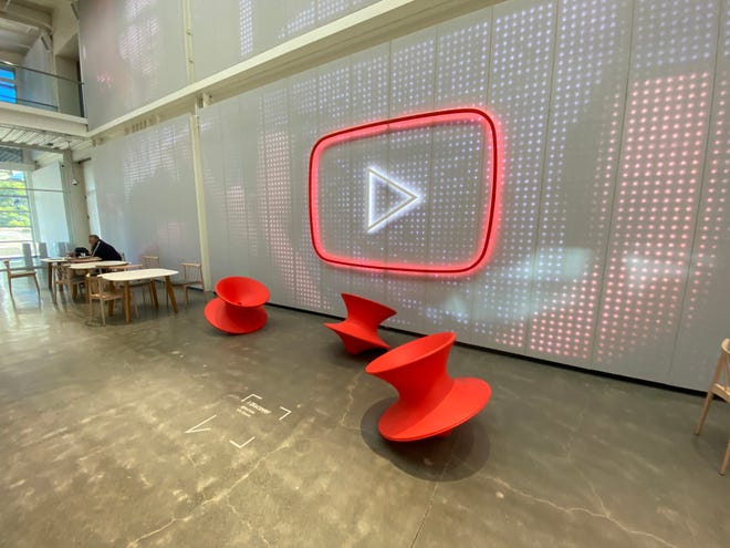 Giant push pins and a play button welcome visitors to YouTube's headquarters in San Bruno, California