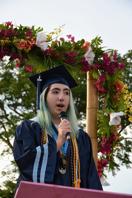Valedictorian Sarahi Lopez addresses the group. Marco Island Academy, Marco Island's charter high school, held a "drive-in" graduation ceremony for their 47 graduating seniors Friday evening in the parking lot at Veterans' Community Park.