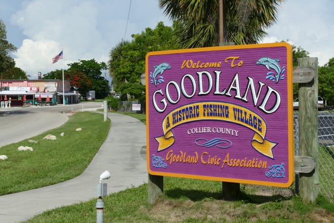 A sign welcomes residents and visitors to Goodland on June 22, 2020.