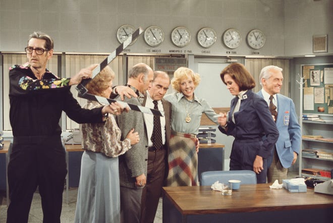 The cast of "The Mary Tyler Moore Show," seen during filming of the final episode on March 19, 1977.