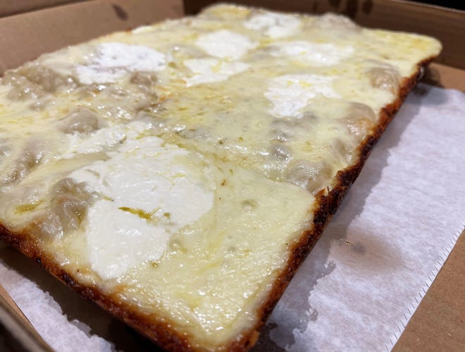 A Detroit-style white pizza from ZAZA Kitchen, Marco Island.
