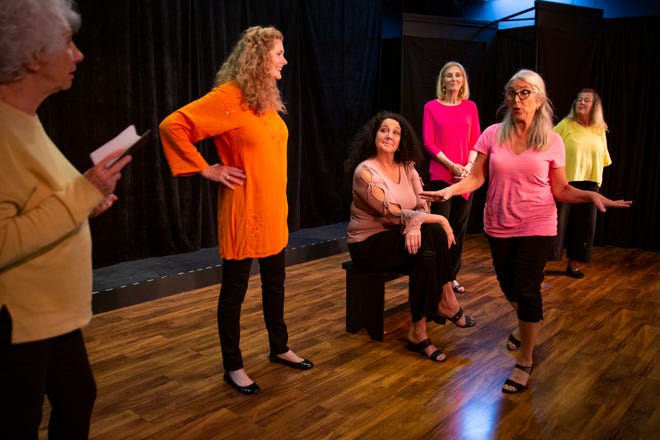 Marilyn Wilbert, left, Rose Curreri,  Christi Lueck Sadiq  PattI, Corsini-Caroli, Marilyn Schweltzer and Kay Mayr, play a scene from "Laugh, Cry, Pee, Repeat!", a world premiere, Tuesday Feb. 2, 2021, at the Marco Players Theatre.