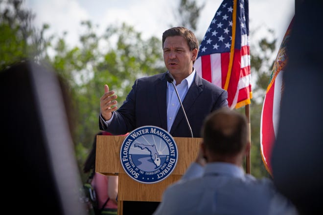 Gov. Ron DeSantis speaks during a media event to talk about the progress with the Comprehensive Everglades Restoration Plan, Tuesday, March 30, 2021, along Old Tamiami Trail in western Miami-Dade County.