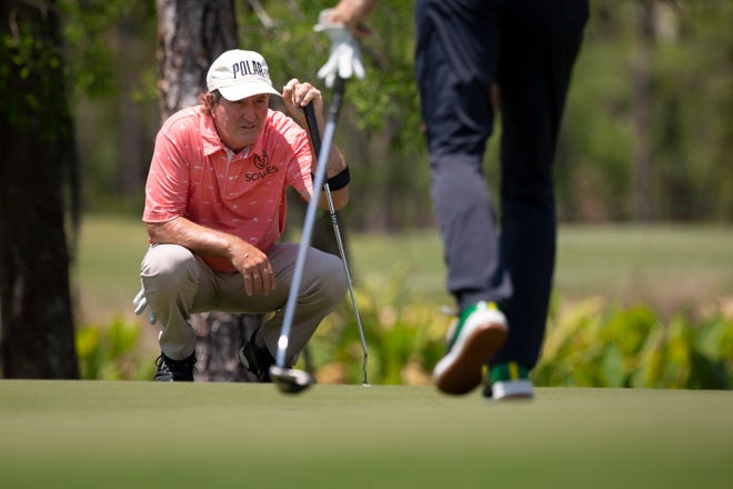 Gene Sauers plans out his putt during day two of the Chubb Classic at Tiburón Golf Club in North Naples on Saturday, April 17, 2021.