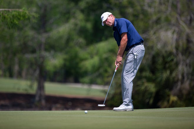 Steve Stricker putts during day two of the Chubb Classic at Tiburón Golf Club in North Naples on Saturday, April 17, 2021.