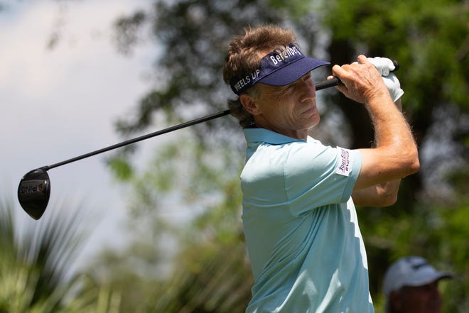 Bernhard Langer tees off during day two of the Chubb Classic at Tiburón Golf Club in North Naples on Saturday, April 17, 2021.