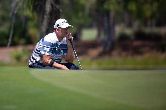 Robert Karlsson plans out his putt during day two of the Chubb Classic at Tiburón Golf Club in North Naples on Saturday, April 17, 2021.