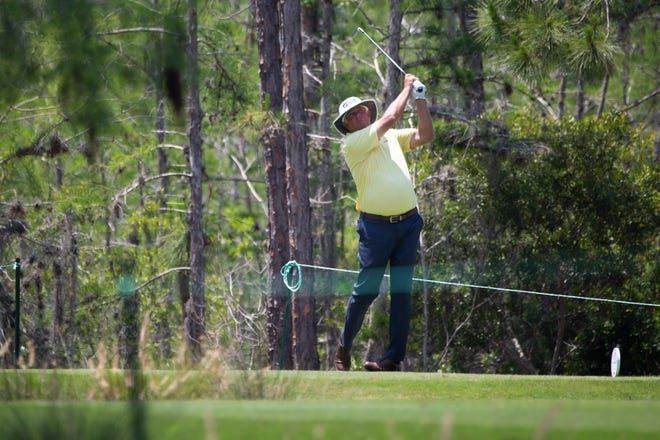 Kirk Triplett tees off during day two of the Chubb Classic at Tiburón Golf Club in North Naples on Saturday, April 17, 2021.