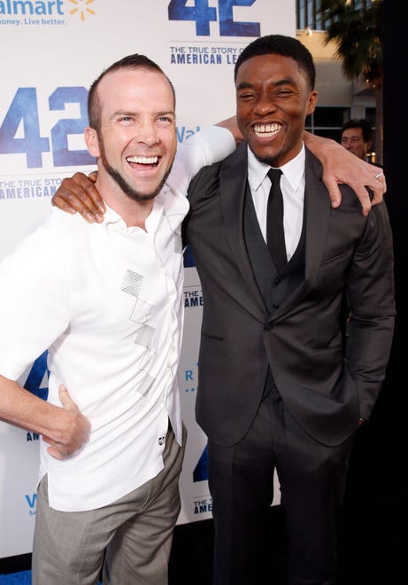 Lucas Black and Chadwick Boseman arrive at the LA premiere of "42" at the TCL Chinese Theater on Tuesday, April 9, 2013 in Los Angeles. (Photo by Todd Williamson /Invision/AP)
