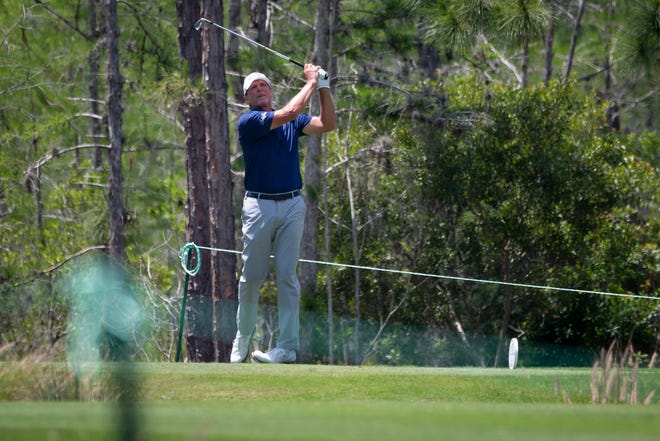 Steve Stricker tees off during day two of the Chubb Classic at Tiburón Golf Club in North Naples on Saturday, April 17, 2021.