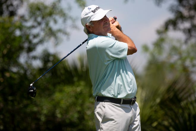 Fred Couples tees off during day two of the Chubb Classic at Tiburón Golf Club in North Naples on Saturday, April 17, 2021.